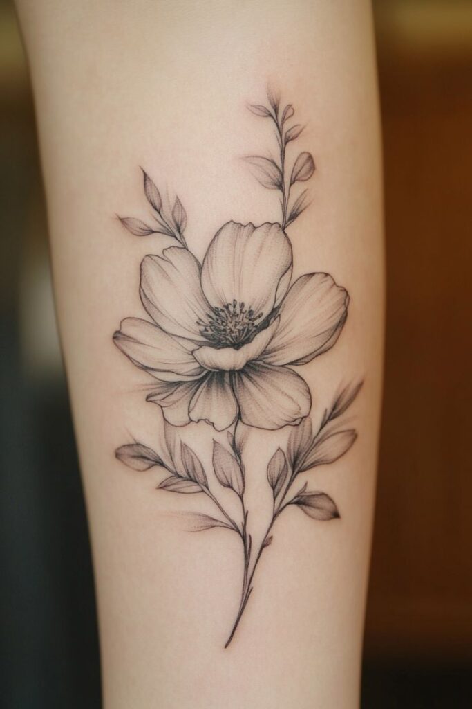 Delicate floral tattoo of a blooming flower with leaves in black ink on forearm.