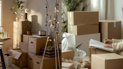 Cardboard boxes stacked in a cozy room, plants and decor around, person writes in notebook. Moving or home organization.