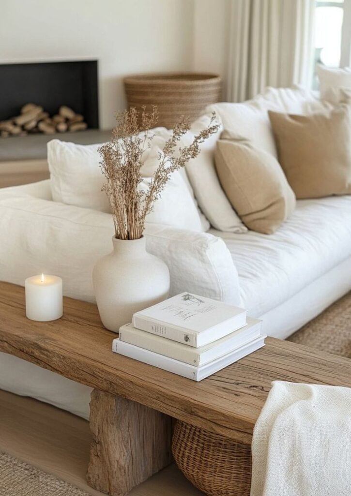 Cozy living room with white sofa, wood table, beige accents, vase with dried flowers, and candles for a serene ambiance.