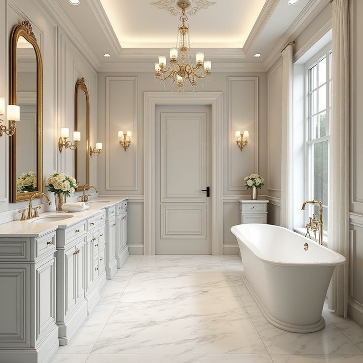 Luxurious bathroom with chandeliers, dual sinks, and freestanding tub, featuring elegant decor and natural light.