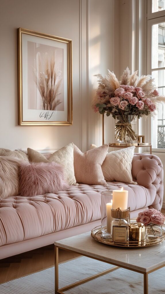 Elegant living room with pink tufted sofa, plush pillows, floral decor, and candles on a marble table. Cozy and chic interior.