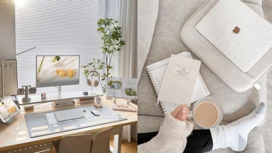 Going Freelance A Step-by-Step Guide Stylish minimalist workspace with computer and plant, cozy setup with coffee and notebook on a soft chair. | Sky Rye Design Stylish minimalist workspace with computer and plant, cozy setup with coffee and notebook on a soft chair.