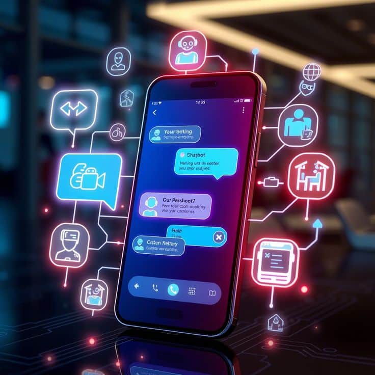 Goodbye queues hello AI 💡✨ Could machines take over banking support_ Learn more_ https___thefinrate_com_will-ai-completely-replace-customer-service-in-banking__FutureFinance CustomerExperience Smartphone displaying chatbot messages, surrounded by digital icons, illustrating advanced AI communication technology. | Sky Rye Design Smartphone displaying chatbot messages, surrounded by digital icons, illustrating advanced AI communication technology.