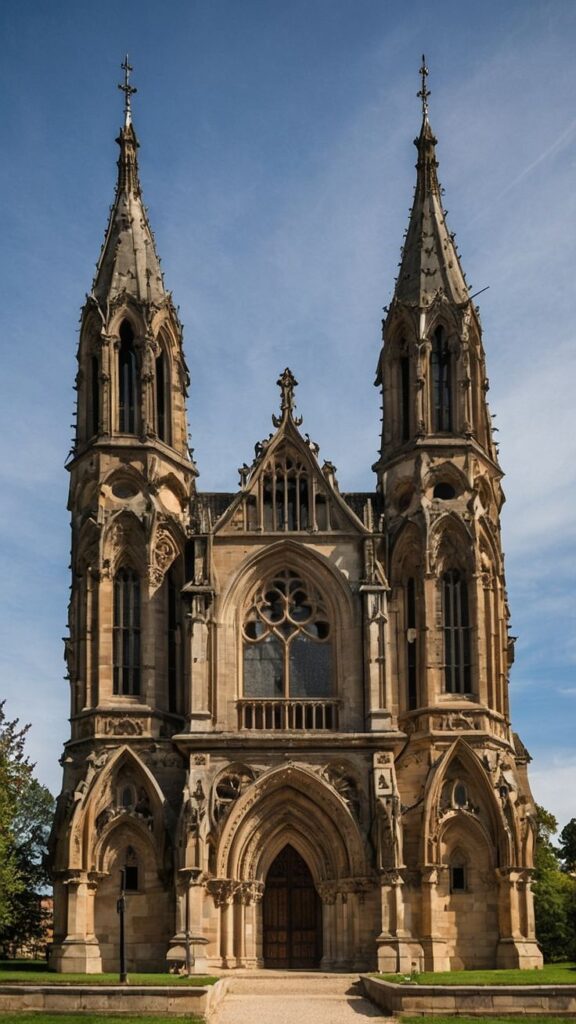 Gothic cathedral with twin spires and ornate carvings set against a clear blue sky.