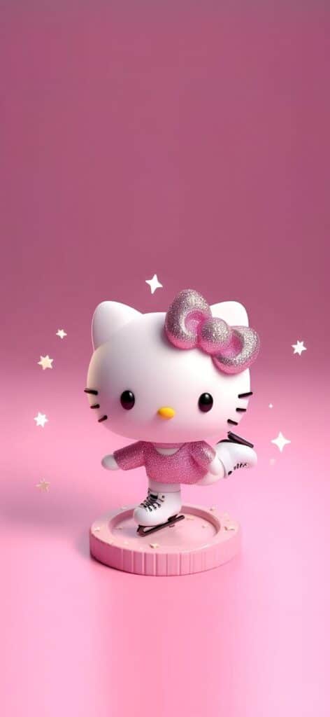 Cute character in a pink dress ice skating on a starry, pink background. Perfect for a charming, whimsical theme.
