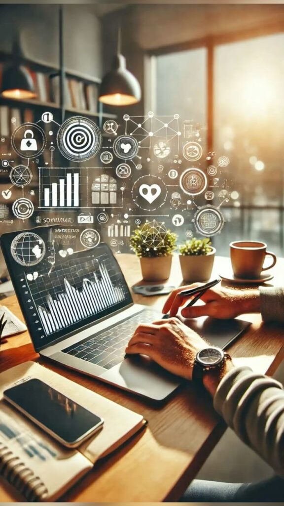 Person using laptop at desk with digital graphs and icons overlay, symbolizing data analytics and technology.