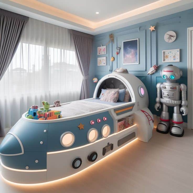 Kids' space-themed bedroom with a rocket bed and robot decor. Cozy and playful for young space explorers.