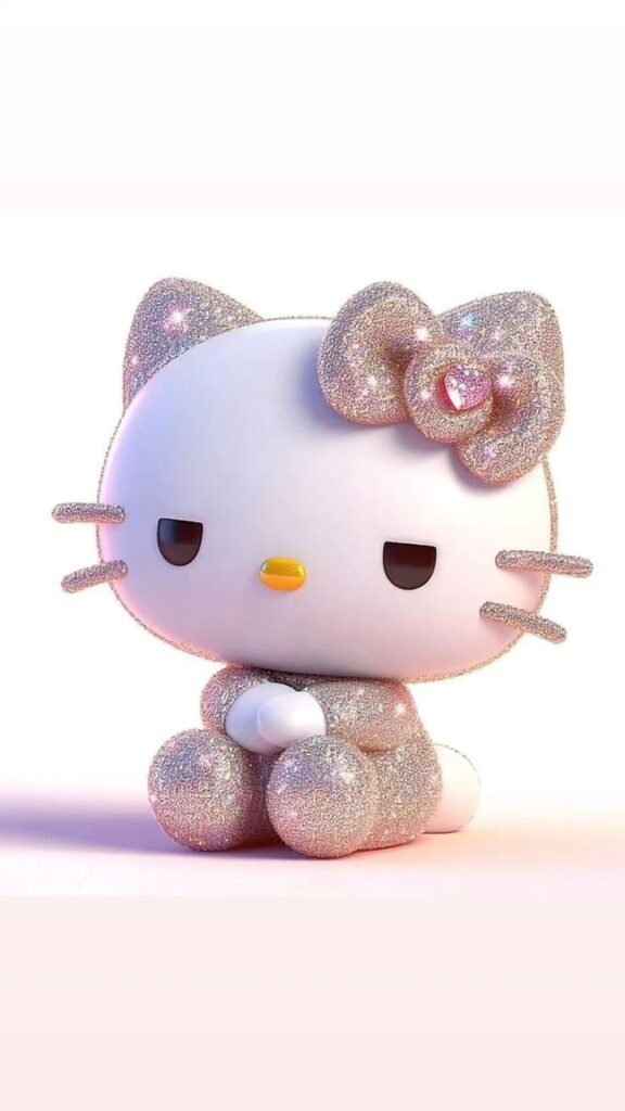 Cute silver glitter cat figurine sitting with a bow, exuding a charming, sparkly appearance. Perfect for decor lovers.