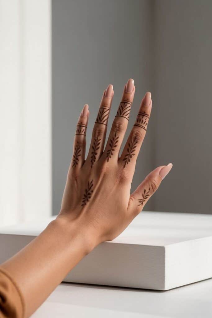 Hand with intricate henna designs on fingers and wrist against a soft background.