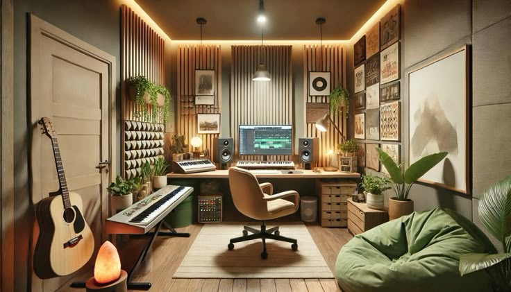 Cozy home music studio with acoustic panels, keyboard, guitar, and computer setup for audio production.