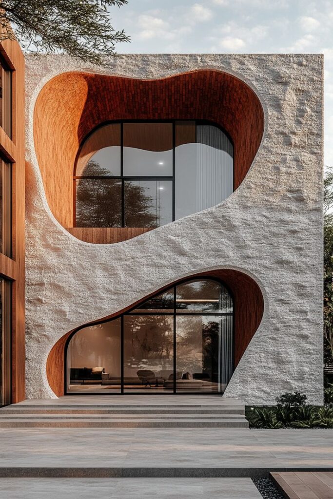 Modern architectural building with unique, sculpted windows and textured facade, surrounded by greenery.