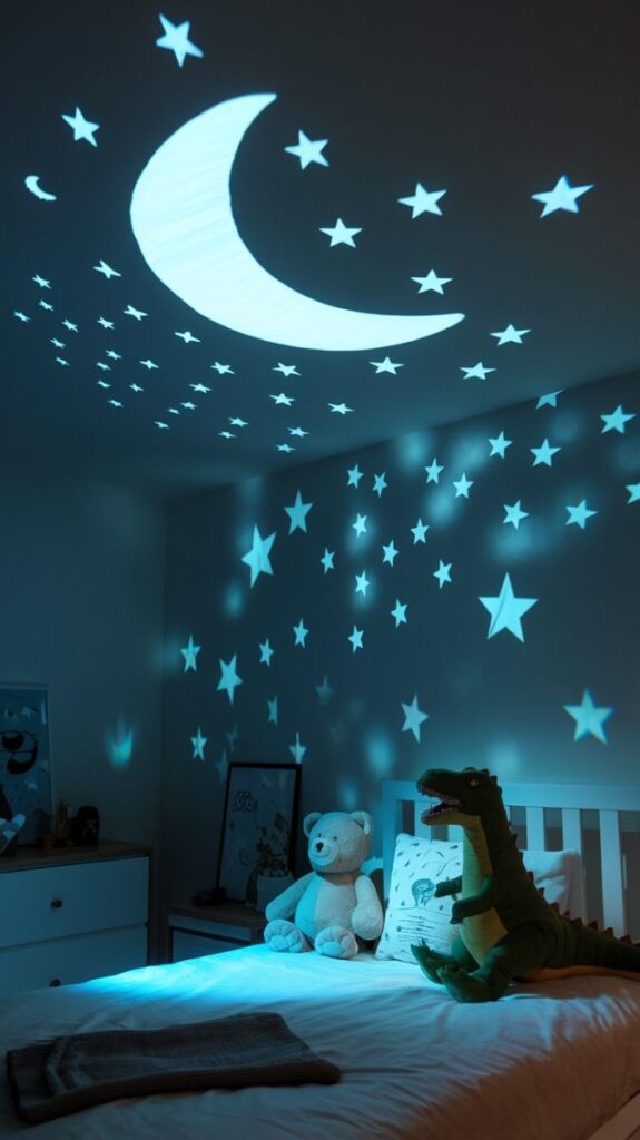 Kids' room with glowing star and moon projection, plush toys on bed, creating a cozy nighttime atmosphere.