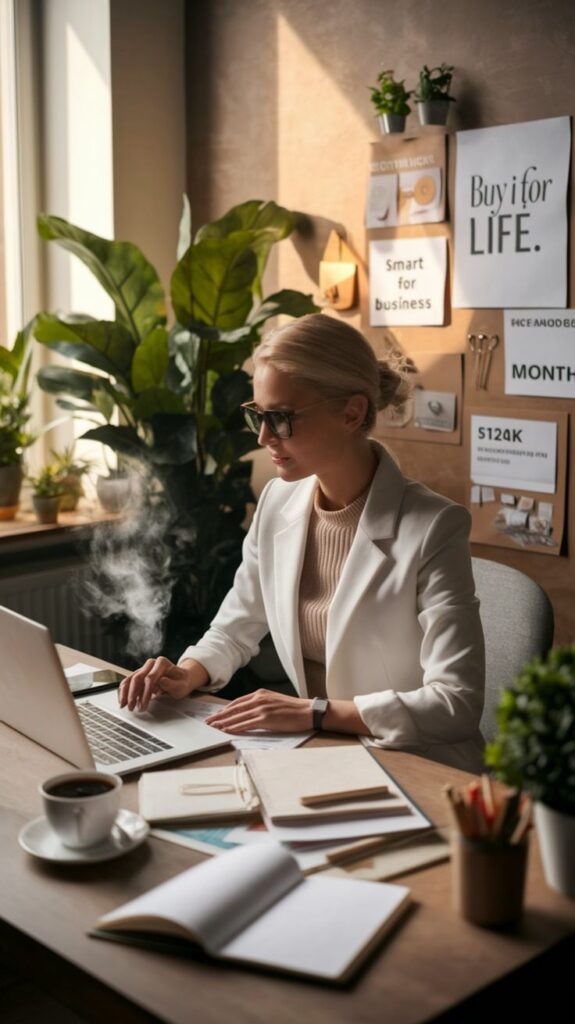 Businesswoman in office working on laptop, with plants and motivational board on the wall.