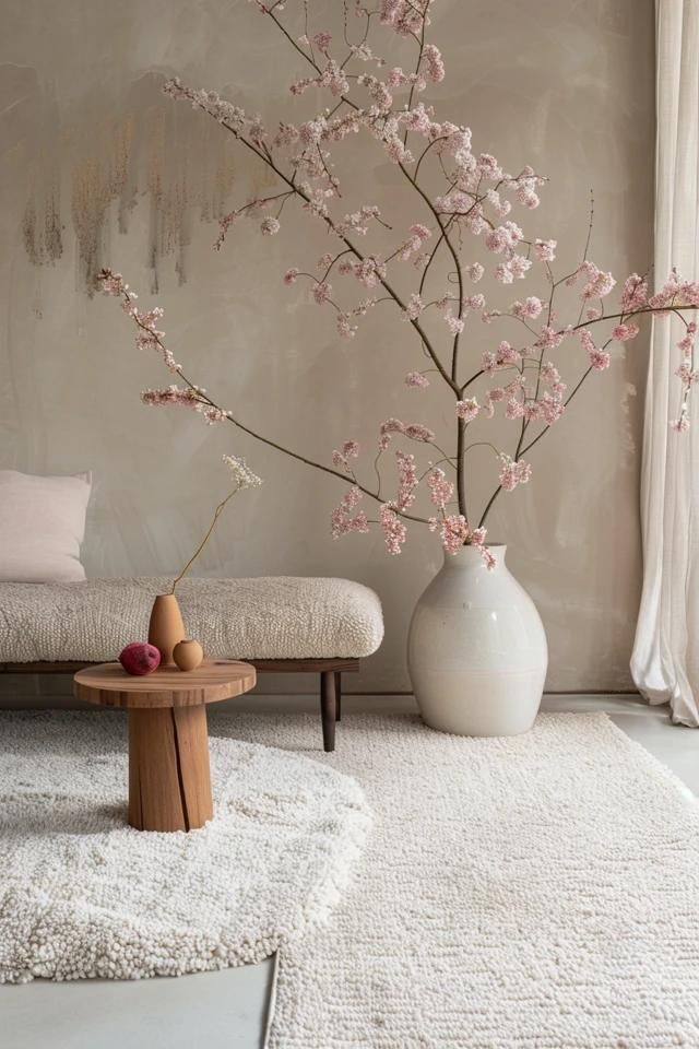 Minimalist living room with cherry blossoms, a cozy sofa, and wooden table on a plush rug.