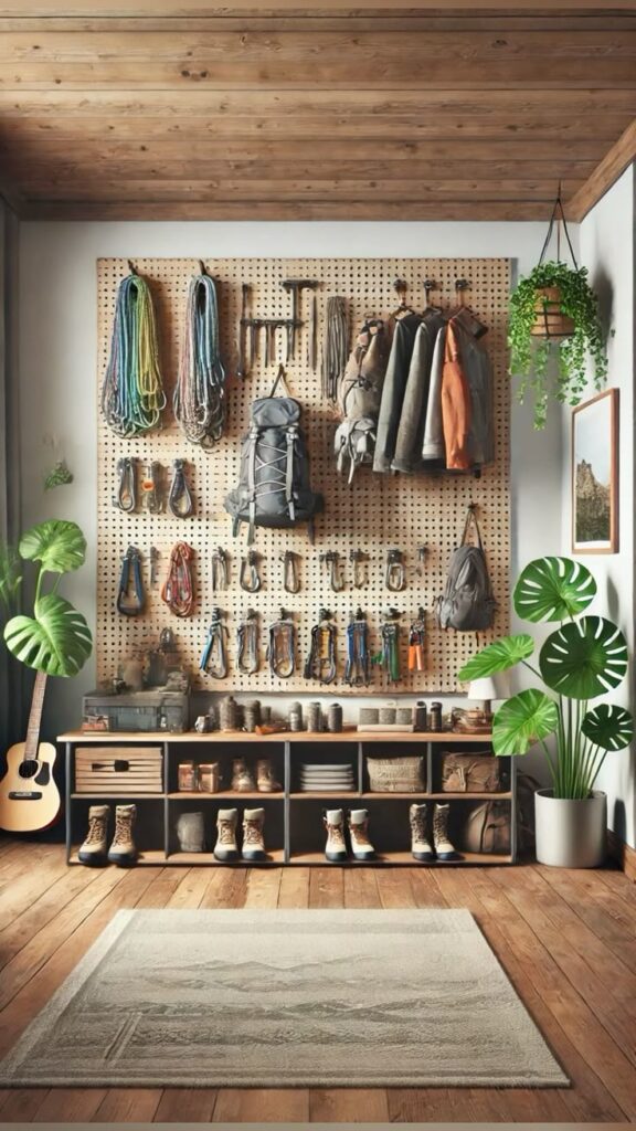 How To Organize A Gear Room for Outdoor Enthusiasts For Climbing Hiking Gear_ Use Pegboards Cozy adventure-themed room with organized gear, hiking boots, climbing ropes, plants, and a guitar. | Sky Rye Design Cozy adventure-themed room with organized gear, hiking boots, climbing ropes, plants, and a guitar.