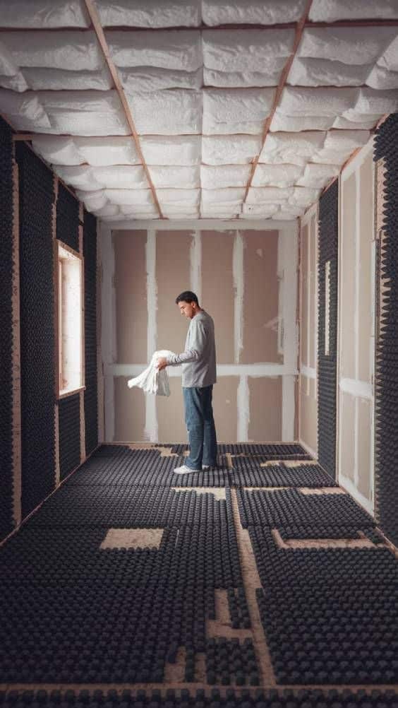 Man inspecting soundproofing panels in a room under renovation, with materials prepared for installation.
