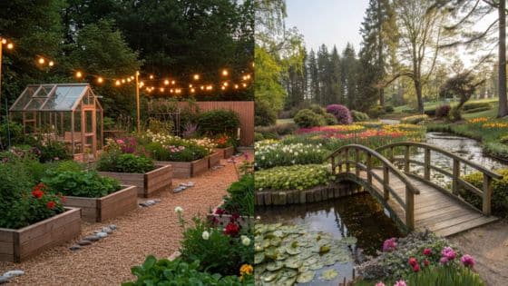 How Triple Ground Mulch Enhances Sustainable Garden Design A beautiful garden with string lights and a raised bed next to a serene pond with a wooden bridge and flowers. | Sky Rye Design A beautiful garden with string lights and a raised bed next to a serene pond with a wooden bridge and flowers.
