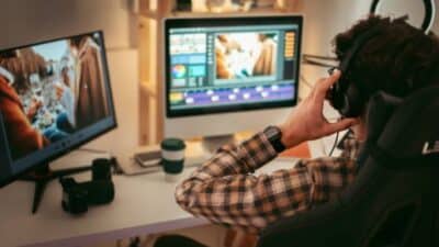 Person editing video on dual screens in a creative workspace, wearing headphones next to camera equipment and coffee cup.