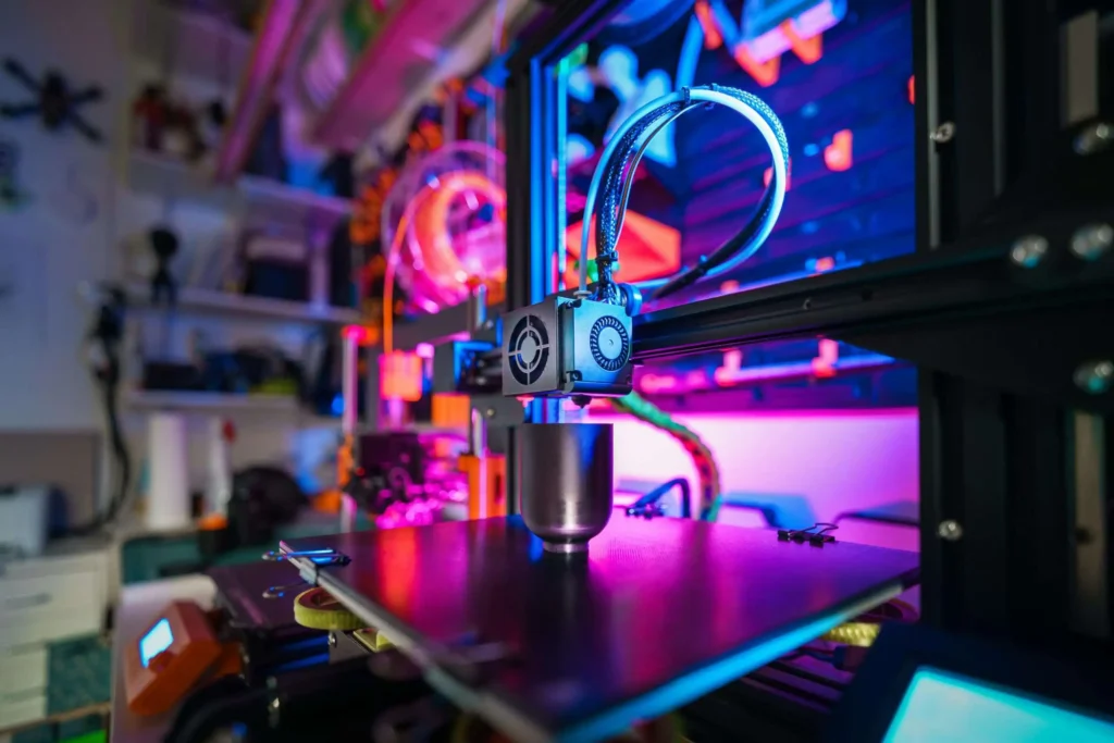 3D printer creating an object in a colorful, high-tech workshop setting with vibrant neon lighting.