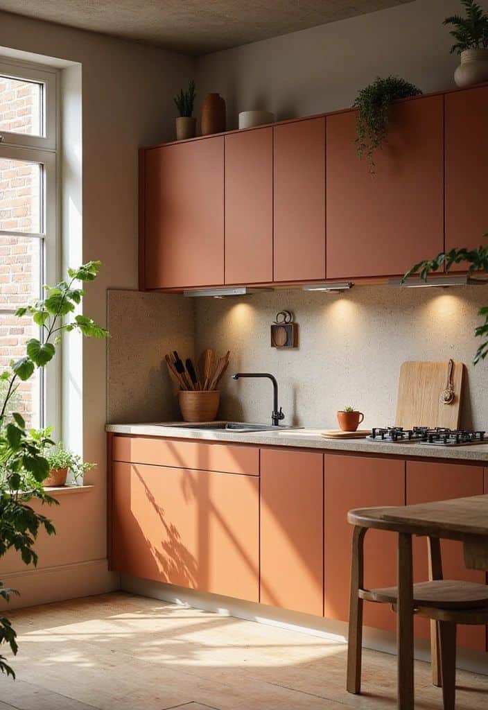 Modern kitchen with terracotta cabinets, plants, and natural light streaming through a window. Cozy and stylish design.