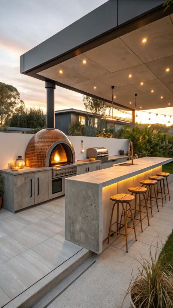 How to Create a Modern Outdoor Kitchen with Sleek Design_ Modern outdoor kitchen with wood-fired pizza oven, bar seating, and ambient lighting at sunset. | Sky Rye Design Modern outdoor kitchen with wood-fired pizza oven, bar seating, and ambient lighting at sunset.