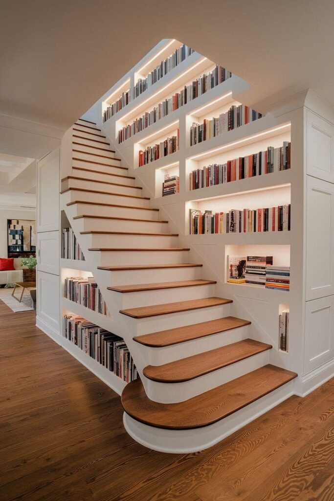 Wooden staircase with built-in bookshelves, illuminated by soft lighting in a modern, cozy home interior.