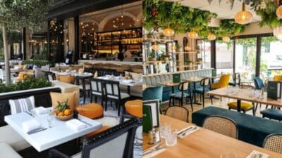 Chic restaurant interiors with elegant seating and decorative lighting in a cozy, inviting atmosphere.