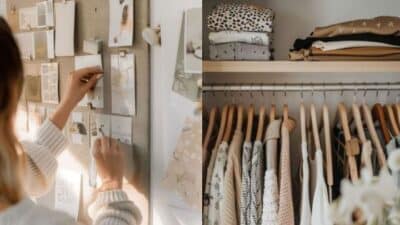 Person organizing pin board; neat wardrobe with folded clothes and hanging garments. Cozy and organized room design.