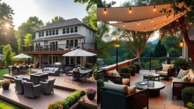 Spacious backyard with modern patio furniture and outdoor lighting, perfect for relaxing and entertaining.