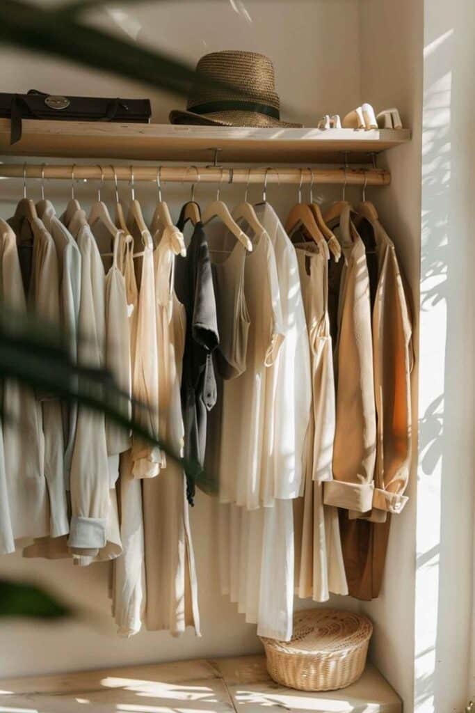 How to Sustainably Wear the Clothes You Already Own Neatly arranged neutral-toned clothes hanging with a straw hat and woven basket in a sunlit wardrobe. | Sky Rye Design Neatly arranged neutral-toned clothes hanging with a straw hat and woven basket in a sunlit wardrobe.