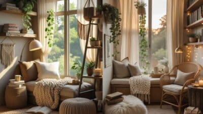 Cozy reading nook with plants, warm lighting, and comfy seating near large windows, creating a serene and inviting atmosphere.