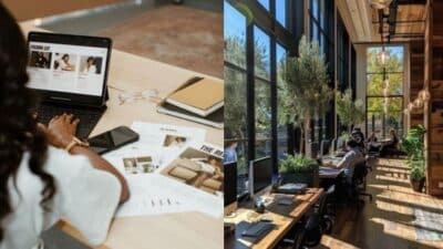 Person working on a laptop with planning documents; a cafe with people working on laptops by large windows.