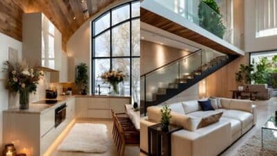 Modern interior with spacious kitchen and cozy living room featuring natural light and elegant design elements.