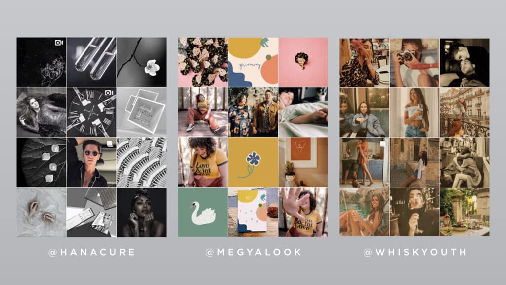 Collage showcasing diverse Instagram aesthetics from @hanacure, @megyalook, and @whiskyouth profiles.