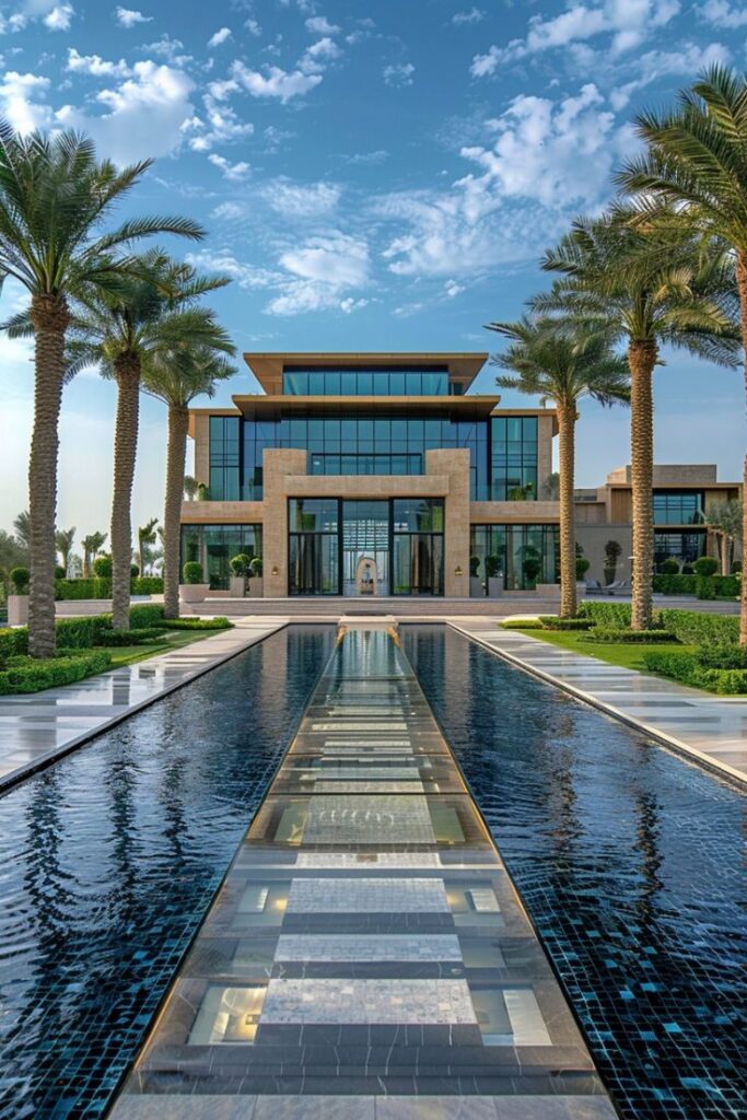 Luxurious modern mansion with palm trees and elegant pool reflecting blue sky and clouds.