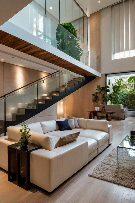 Modern living room with white sofa, glass railing staircase, and lush indoor plants, featuring natural light and high ceilings.