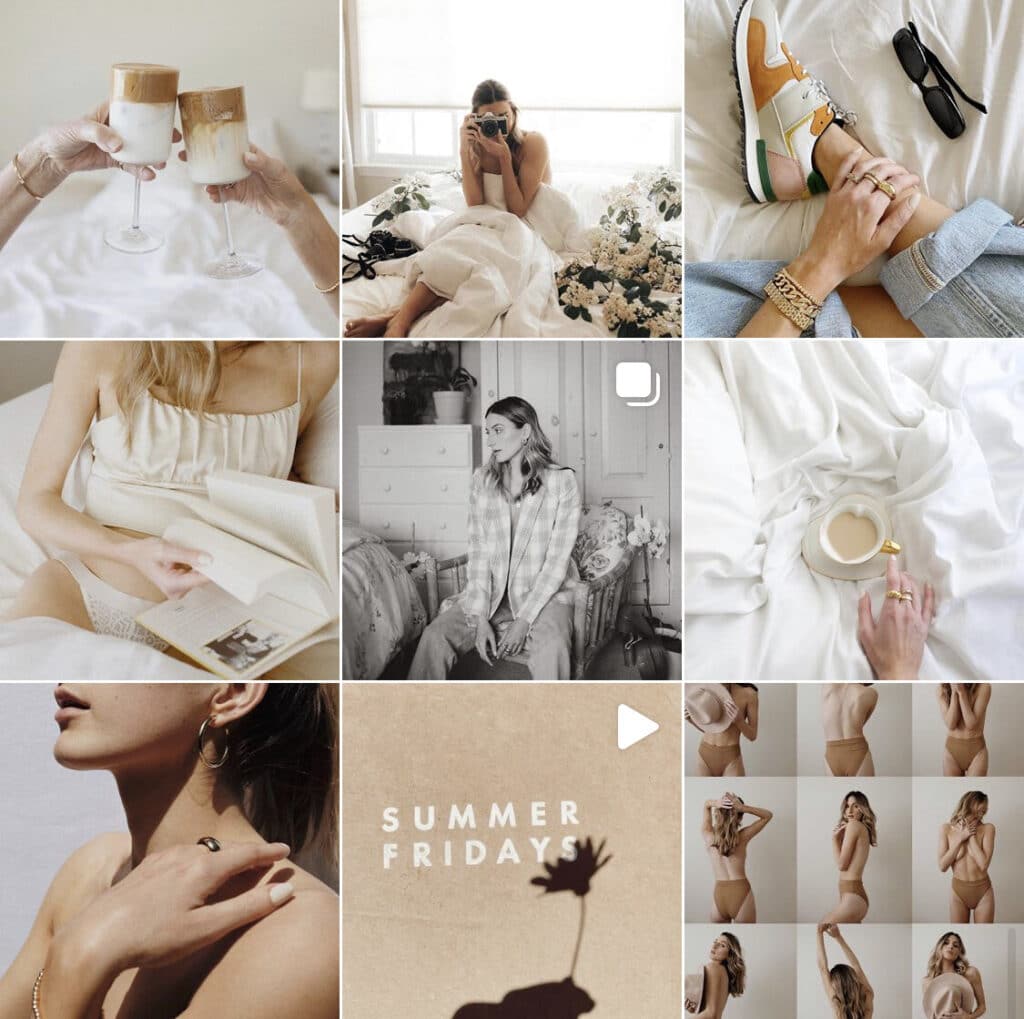 Aesthetic collage featuring coffee, fashion, and lifestyle moments on crisp white bedding with modern style.