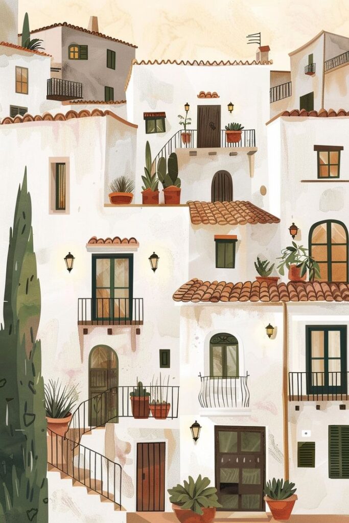 Illustrated Mediterranean-style white buildings with terracotta roofs, balconies, and potted plants.