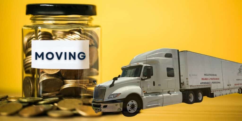 Image for skyryedesigncom Coin jar labeled Moving beside a large moving truck against a yellow background. | Sky Rye Design Coin jar labeled Moving beside a large moving truck against a yellow background.