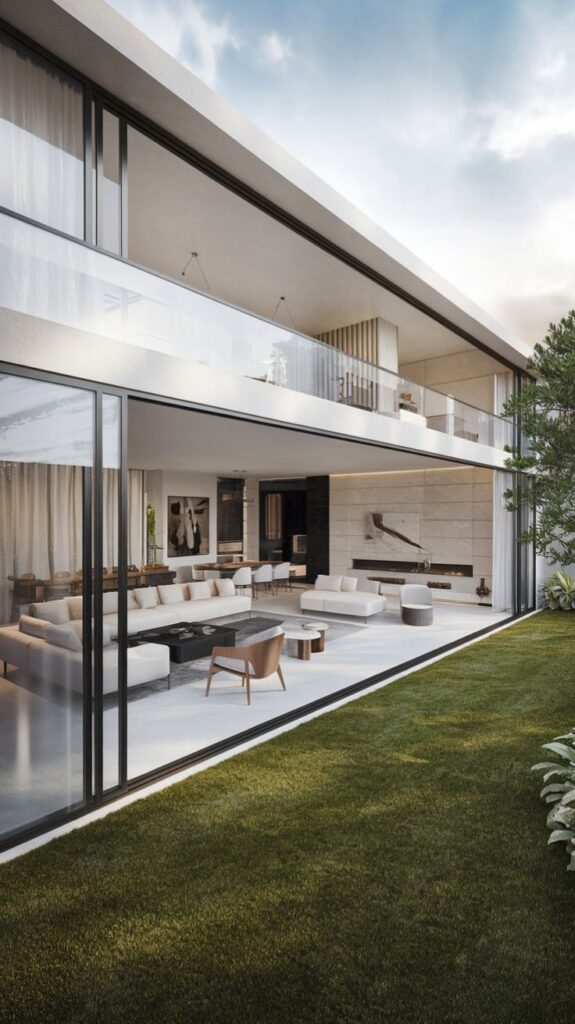 Modern luxury open-concept home with large glass windows and lush green lawn under a blue sky.