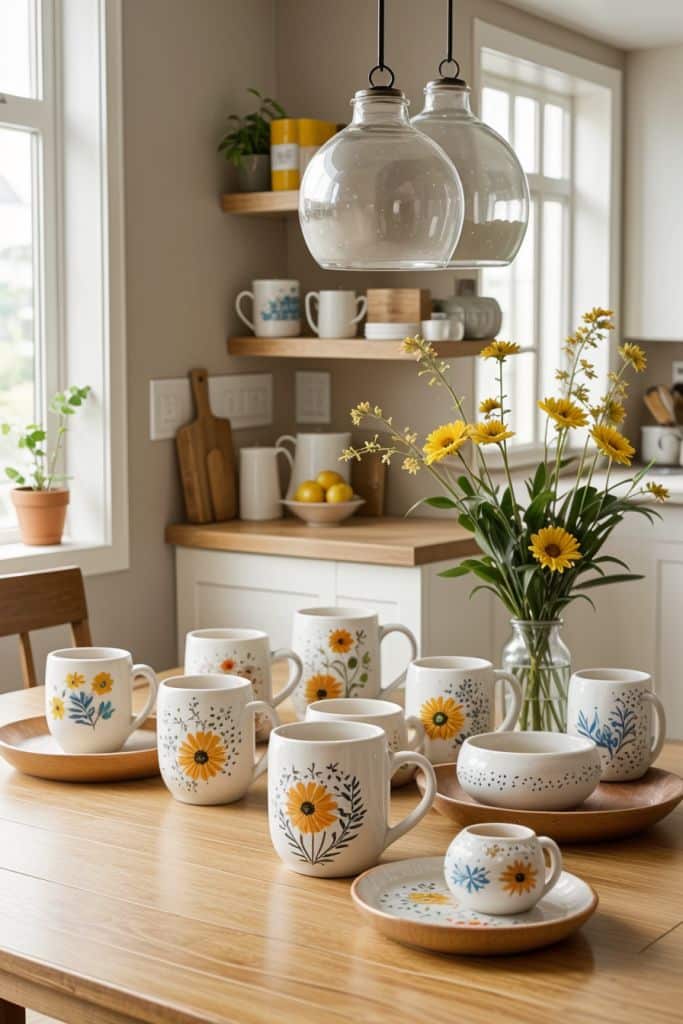 Cozy kitchen with floral mugs, saucers, and blooming yellow flowers on a wooden table. Natural light and decor.