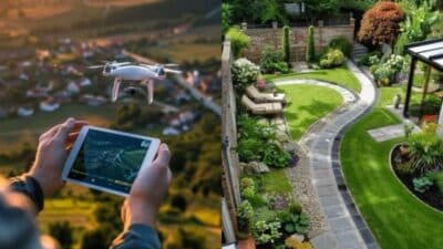 Drone captures aerial view of a picturesque landscape and a beautifully designed garden pathway.