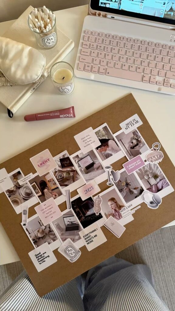 Vision board with motivational quotes and lifestyle images on desk with candles, keyboard, and beauty products.