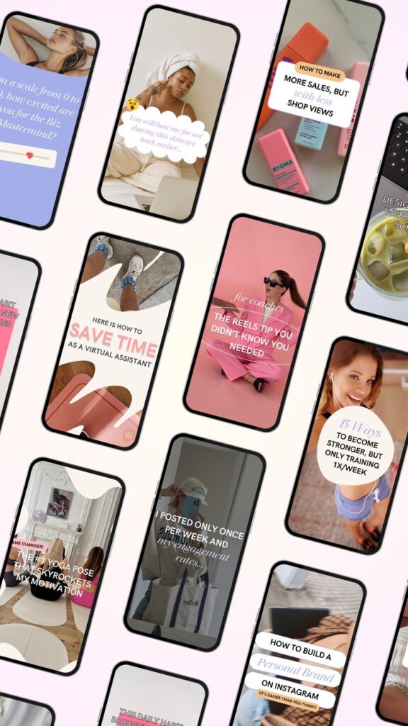 Collage of smartphone screens displaying productivity and marketing tips for virtual assistants and entrepreneurs.