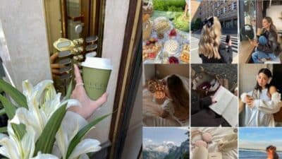 Aesthetic collage featuring fashion, coffee, nature, and lifestyle moments with a cozy, luxurious vibe.