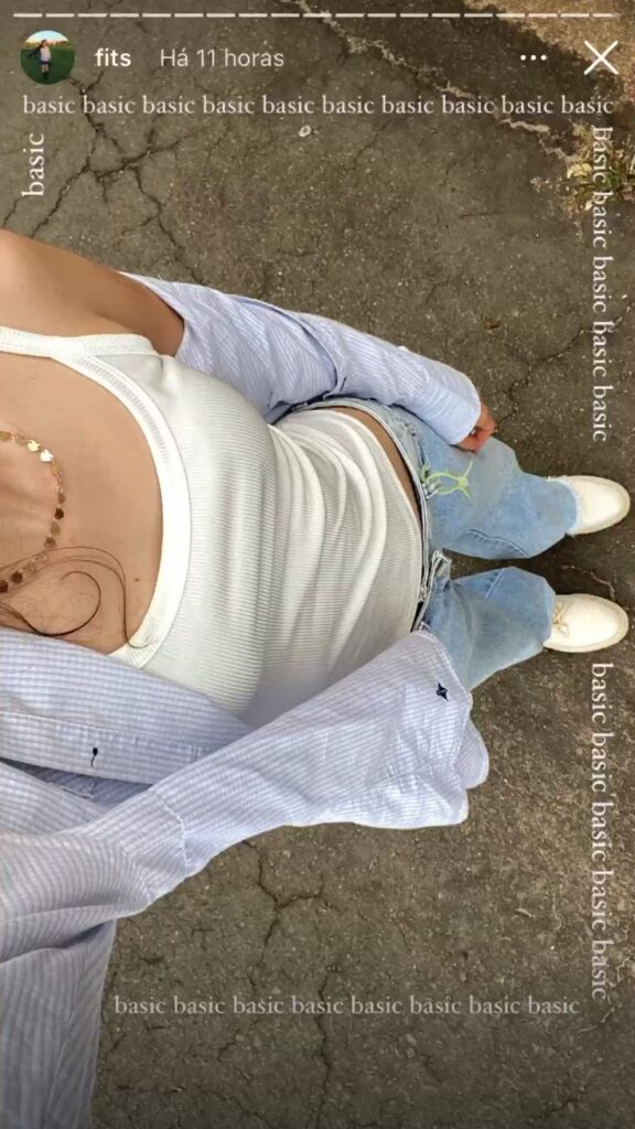 Casual outfit with a white tank top, blue jeans, and striped shirt, captioned basic repeatedly.