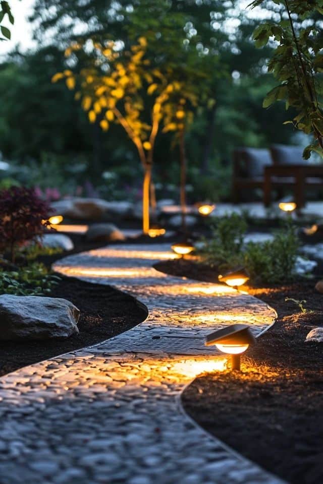 Illuminated garden path with soft lighting and lush greenery at dusk.