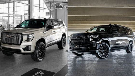 Is a Chevrolet Suburban Larger Than a GMC Yukon XL White SUV and black SUV parked side by side, showcasing modern design in well-lit interiors and garages. | Sky Rye Design White SUV and black SUV parked side by side, showcasing modern design in well-lit interiors and garages.