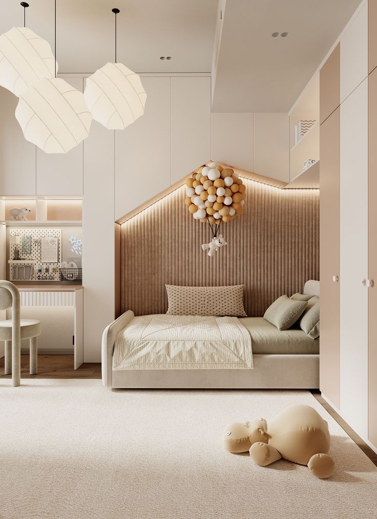 Modern kids' bedroom with cozy bed, decorative balloons, desk, and plush toy on soft carpet flooring.