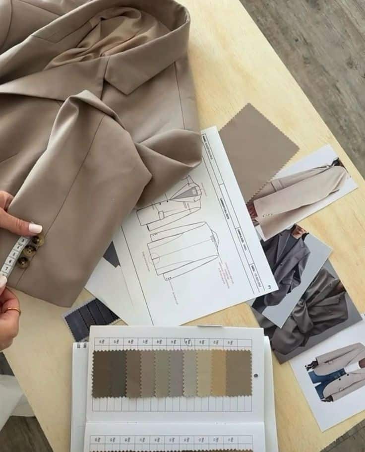Designer measuring a beige jacket sleeve on a table with fabric swatches and fashion sketches.